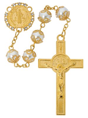 ST BENEDICT PEARL ROSARY DELUXED BOX