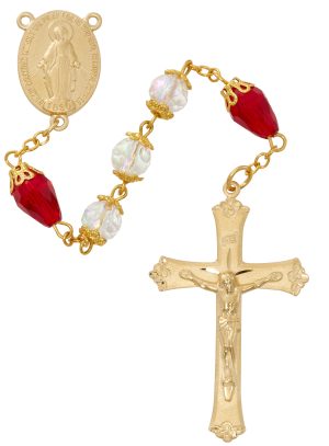 CRYSTAL AND RED TEAR DROP ROSARY DELUXE BOX