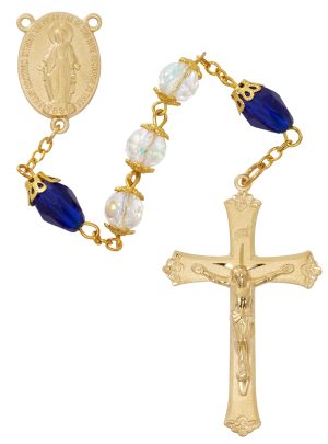 CRYSTAL AND BLUE TEAR DROP ROSARY DELUXE BOX