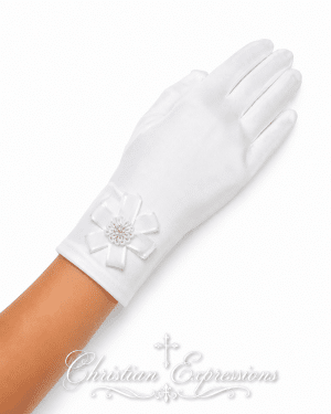 Satin Communion Gloves Organza Ribbons Pearl Rosette