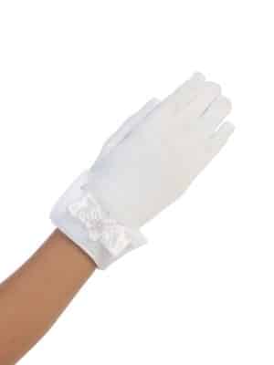 Satin First Communion Gloves with Organza Cuff Satin Bow and Flower