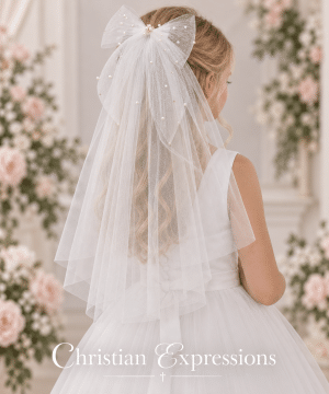 First Communion Two Tier Veil with Bow & Pearl Embellishments