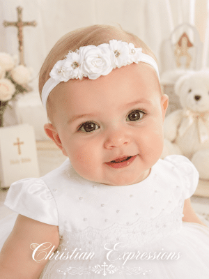Girls Christening Headband – Elastic with Rose & Floral Accents