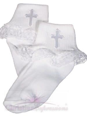 Girls White Christening Anklet Embroidered Cross
