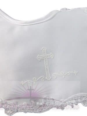 Satin Girls Christening Bib with  Cross and Lace Trim