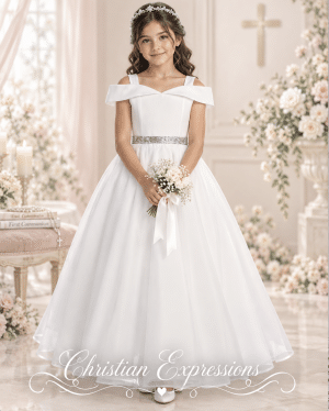 First Communion Dress Off the Shoulder Silver Belt