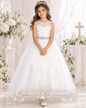 First Communion Dress Floral Bodice Rhinestone Belt