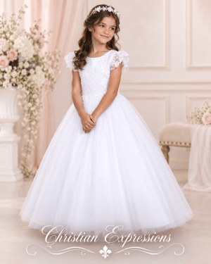 First Communion Dress Lace Bodice with Flutter Sleeves