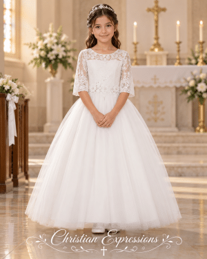 First Communion Dress with Lace Bodice and Sleeves