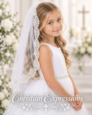 First Communion Veil with Beaded Scalloped Edge Trim