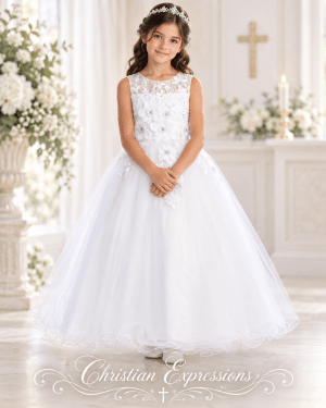 First Communion Dress with Larged Beaded 3D Flowers
