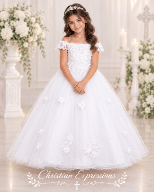First Communion Dress with 3D Butterfly Design and Train