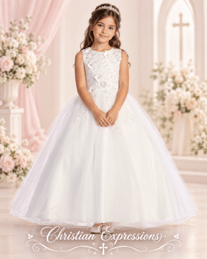 First Communion Dress with 3D Flowers and Beading