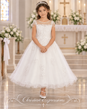 First Communion Dress with Beaded Shoulder Accents