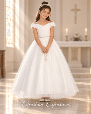 First Communion Dress with Off the Shoulder Pleats
