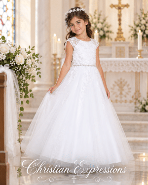 Lace Bodice First Communion Dress with Rhinestone Waist