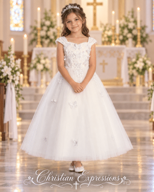 First Communion Dress with Floral Bodice and Cap Sleeves
