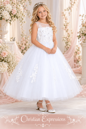 First Communion Dress with 3D Floral Bodice