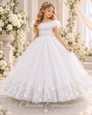 First Communion Dress with Fluffy Shoulder Wrap and Beading