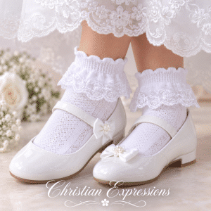 Girls White First Communion Anklet Socks with Lace Trim & Ruffle