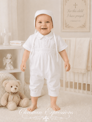 Boys One Piece Christening Romper with Short Sleeves
