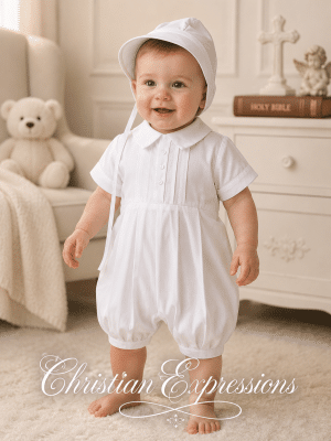 Boys Polycotton Christening Baptism Romper with Pin Tucking