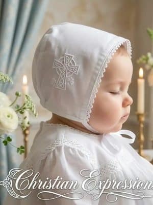 White Embroidered Irish Shamrocks and Celtic Cross Baby Bonnet