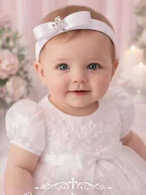 Baby Girls White Christening Satin Headband with Rhinestone Flower