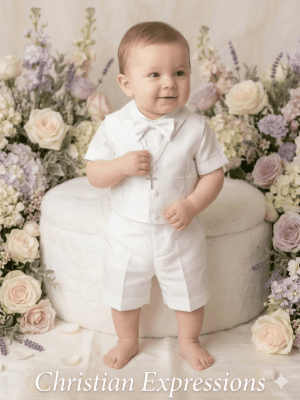 Boys Christening Outfit with Shantung Vest and Embroidered Cross