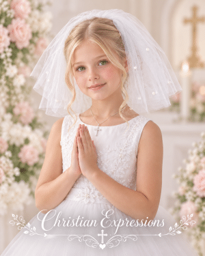 First Communion Short Double Layer White Veil with Scattered Pearls