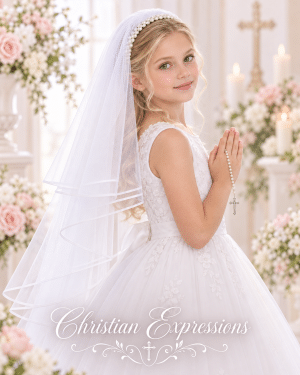 First Communion White Veil with Pearl Headband & Satin Trim