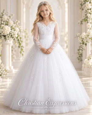 First Communion Princess Gown with Long Sleeves Lace