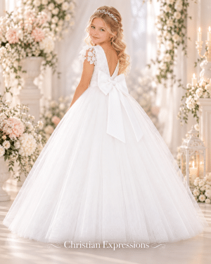First Communion Dress with Lace Bodice and Sleeves