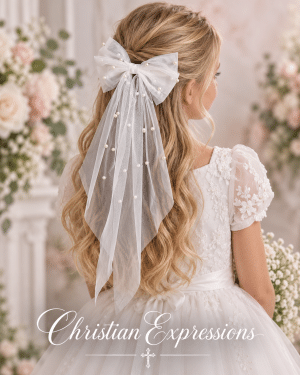 First Communion White Mesh Bow Hair Clip with Pearls