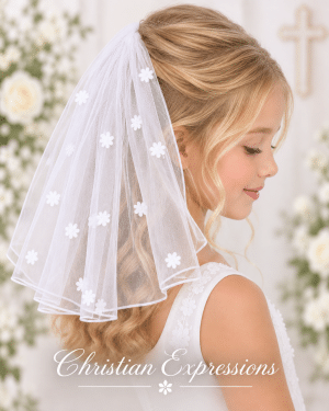 Short First Communion Single Tier White Veil with Scattered Flowers
