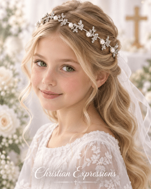 Girls First Communion Rhinestone Leaf and Pearl Hairband