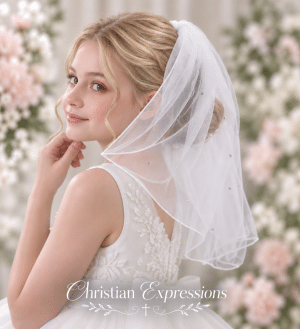 Short First Communion Single Tier White Veil with Scattered Rhinestones