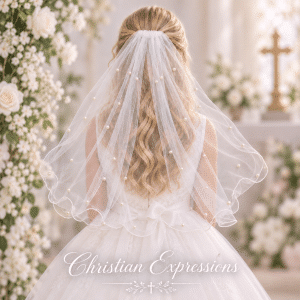 First Communion Single Tier White Veil with Pearls & Ruffled Edge