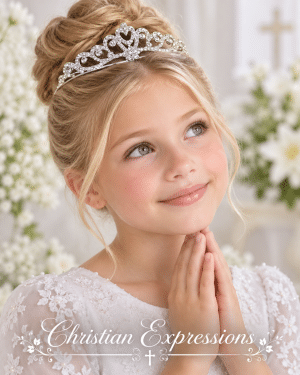 First Communion Crystal Rhinestone Tiara Crown with Heart & Flower