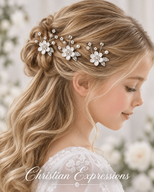 First Communion Hairpins with Fabric Flowers Pearls Set of 3