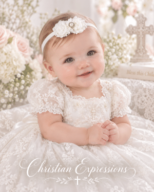 Girls Christening Headband with Chiffon Roses with Large Pearl
