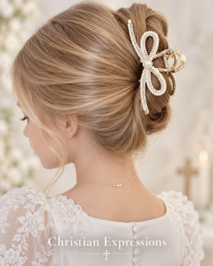 Girls First Communion Gold Bow Hair Clip with Pearls