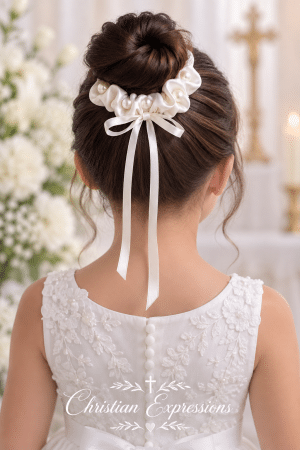 First Communion Hair Scrunchie with Pearl Accents