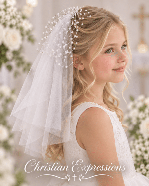First Communion Two Tier White Veil with Strings of Pearls