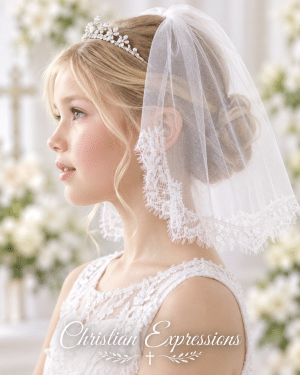 Short First Communion Single Tier White Veil with Eyelash Lace Trim