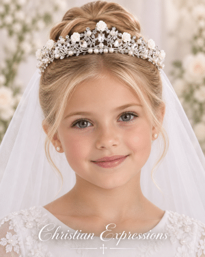 First Communion Crown Veil with Resin Flowers and Crystals