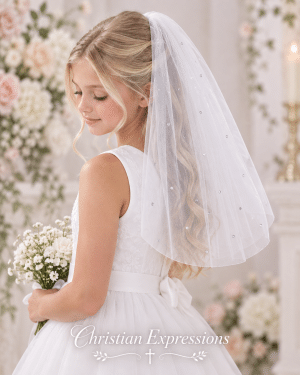 First Communion Two Tier White Veil with Scattered Rhinestones