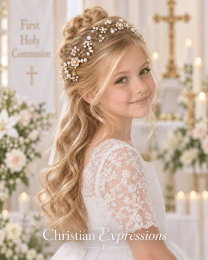 First Communion Hair Wreath with Rhinestones and Flowers