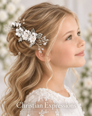 First Communion Hair Comb with Fabric Flowers Pearls