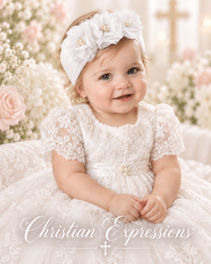 Girls Christening Headband with Chiffon Rose with Beaded Accents